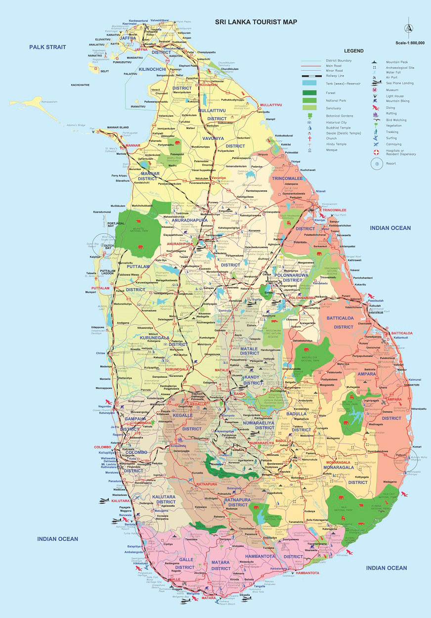 Tourist map of Sri Lanka showing roads, national parks, heritage sites and activities